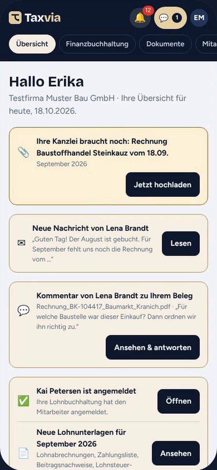 Mandanten-App von Taxvia: Übersicht mit offenen Aufgaben